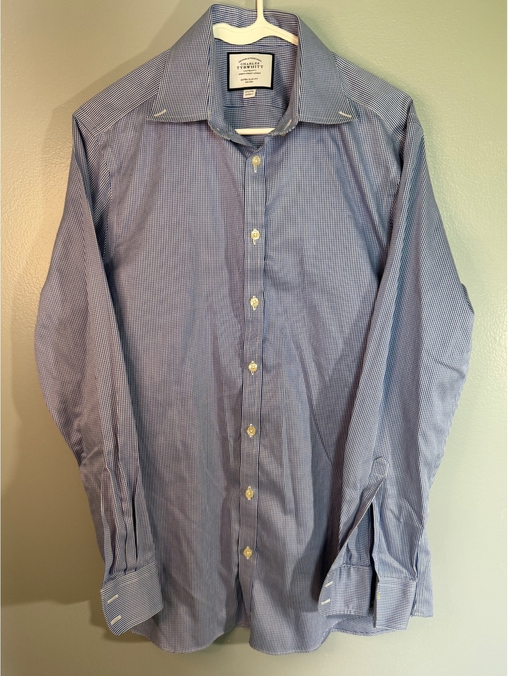 Charles Tyrwhitt Extra Slim Fit Blue Check Cotton Dress Shirt Size 15.5/34